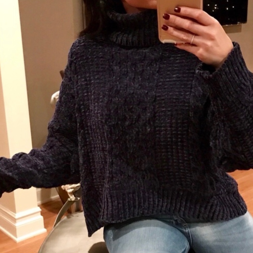 Chenille Navy Blue Turtleneck Sweater